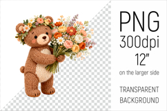 Knitted Teddy Bear with Flowers Clipart. Perfect for Mothers Day gifts, birthday designs, spring celebrations, and heartfelt handmade creations.