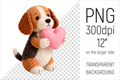 Knitted Valentine Beagle Dog with Heart Clipart. Ideal for sublimation projects, Valentines Day gifts, mugs, T-shirts, cards, stickers, scrapbooking, nursery decor, planners, and digital crafts.