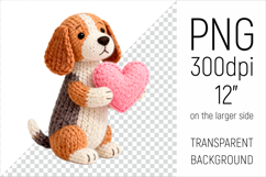 Knitted Valentine Beagle Dog with Heart Clipart. Ideal for sublimation projects, Valentines Day gifts, mugs, T-shirts, cards, stickers, scrapbooking, nursery decor, planners, and digital crafts.