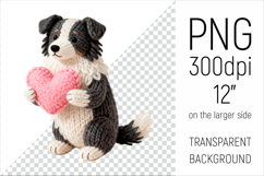 Knitted Valentine Border Collie Dog with Heart Clipart. Ideal for sublimation projects, Valentines Day gifts, mugs, T-shirts, cards, stickers, scrapbooking, nursery decor, planners, and digital crafts.