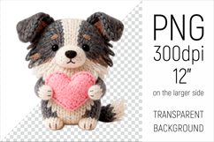 Knitted Valentine Border Collie Dog with Heart Clipart. Ideal for sublimation projects, Valentines Day gifts, mugs, T-shirts, cards, stickers, scrapbooking, nursery decor, planners, and digital crafts.
