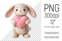 Knitted Valentine Bunny with Heart Clipart. Ideal for sublimation projects, Valentines Day gifts, mugs, T-shirts, cards, stickers, scrapbooking, nursery decor, planners, and digital crafts.