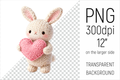 Knitted Valentine Bunny with Heart Clipart. Ideal for sublimation projects, Valentines Day gifts, mugs, T-shirts, cards, stickers, scrapbooking, nursery decor, planners, and digital crafts.