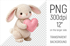 Knitted Valentine Bunny with Heart Clipart. Ideal for sublimation projects, Valentines Day gifts, mugs, T-shirts, cards, stickers, scrapbooking, nursery decor, planners, and digital crafts.