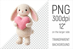 Knitted Valentine Bunny with Heart Clipart. Ideal for sublimation projects, Valentines Day gifts, mugs, T-shirts, cards, stickers, scrapbooking, nursery decor, planners, and digital crafts.