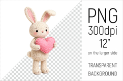 Knitted Valentine Bunny with Heart Clipart. Ideal for sublimation projects, Valentines Day gifts, mugs, T-shirts, cards, stickers, scrapbooking, nursery decor, planners, and digital crafts.