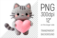Knitted Valentine Cat with Heart Clipart. Ideal for sublimation projects, Valentines Day gifts, mugs, T-shirts, cards, stickers, scrapbooking, nursery decor, planners, and digital crafts.