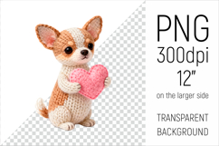 Knitted Valentine Chihuahua Dog with Heart Clipart. Ideal for sublimation projects, Valentines Day gifts, mugs, T-shirts, cards, stickers, scrapbooking, nursery decor, planners, and digital crafts.