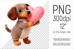 Knitted Valentine Dachshund with Heart Clipart. Ideal for sublimation projects, Valentines Day gifts, mugs, T-shirts, cards, stickers, scrapbooking, nursery decor, planners, and digital crafts.