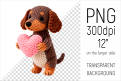 Knitted Valentine Dachshund with Heart Clipart. Ideal for sublimation projects, Valentines Day gifts, mugs, T-shirts, cards, stickers, scrapbooking, nursery decor, planners, and digital crafts.