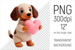 Knitted Valentine Dachshund with Heart Clipart. Ideal for sublimation projects, Valentines Day gifts, mugs, T-shirts, cards, stickers, scrapbooking, nursery decor, planners, and digital crafts.