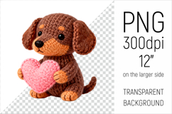Knitted Valentine Dachshund with Heart Clipart. Ideal for sublimation projects, Valentines Day gifts, mugs, T-shirts, cards, stickers, scrapbooking, nursery decor, planners, and digital crafts.