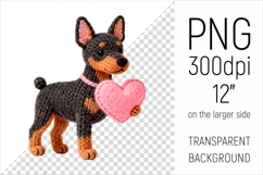 Knitted Valentine Doberman Pinscher with Heart Clipart. Ideal for sublimation projects, Valentines Day gifts, mugs, T-shirts, cards, stickers, scrapbooking, nursery decor, planners, and digital crafts.