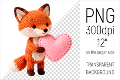 Knitted Valentine Fox with Heart Clipart. Ideal for sublimation projects, Valentines Day gifts, mugs, T-shirts, cards, stickers, scrapbooking, nursery decor, planners, and digital crafts.