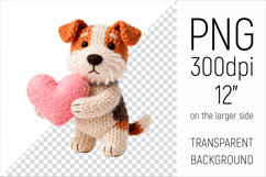 Knitted Valentine Foxterrier Dog with Heart Clipart. Ideal for sublimation projects, Valentines Day gifts, mugs, T-shirts, cards, stickers, scrapbooking, nursery decor, planners, and digital crafts.
