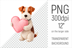 Knitted Valentine Foxterrier Dog with Heart Clipart. Ideal for sublimation projects, Valentines Day gifts, mugs, T-shirts, cards, stickers, scrapbooking, nursery decor, planners, and digital crafts.