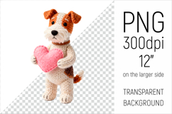 Knitted Valentine Foxterrier Dog with Heart Clipart. Ideal for sublimation projects, Valentines Day gifts, mugs, T-shirts, cards, stickers, scrapbooking, nursery decor, planners, and digital crafts.