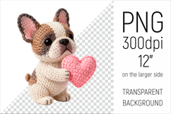 Knitted Valentine French Bulldog with Heart Clipart. Ideal for sublimation projects, Valentines Day gifts, mugs, T-shirts, cards, stickers, scrapbooking, nursery decor, planners, and digital crafts.