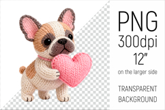Knitted Valentine French Bulldog with Heart Clipart. Ideal for sublimation projects, Valentines Day gifts, mugs, T-shirts, cards, stickers, scrapbooking, nursery decor, planners, and digital crafts.