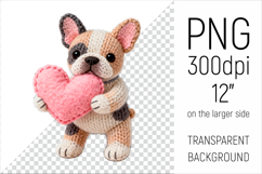 Knitted Valentine French Bulldog with Heart Clipart. Ideal for sublimation projects, Valentines Day gifts, mugs, T-shirts, cards, stickers, scrapbooking, nursery decor, planners, and digital crafts.