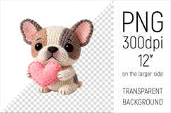 Knitted Valentine French Bulldog with Heart Clipart. Ideal for sublimation projects, Valentines Day gifts, mugs, T-shirts, cards, stickers, scrapbooking, nursery decor, planners, and digital crafts.