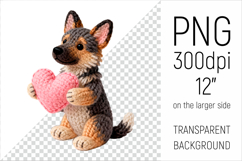 Knitted Valentine German Shepherd with Heart Clipart. Ideal for sublimation projects, Valentines Day gifts, mugs, T-shirts, cards, stickers, scrapbooking, nursery decor, planners, and digital crafts.