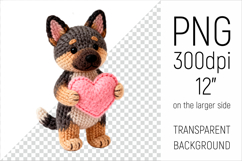 Knitted Valentine German Shepherd with Heart Clipart. Ideal for sublimation projects, Valentines Day gifts, mugs, T-shirts, cards, stickers, scrapbooking, nursery decor, planners, and digital crafts.