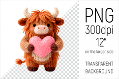 Knitted Valentine Highland Cow with Heart Clipart. Ideal for sublimation projects, Valentines Day gifts, mugs, stickers, nursery decor, and digital crafts.