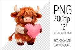 Knitted Valentine Highland Cow with Heart Clipart. Ideal for sublimation projects, Valentines Day gifts, mugs, stickers, nursery decor, and digital crafts.