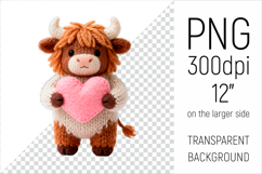 Knitted Valentine Highland Cow with Heart Clipart. Ideal for sublimation projects, Valentines Day gifts, mugs, stickers, nursery decor, and digital crafts.