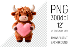 Knitted Valentine Highland Cow with Heart Clipart. Ideal for sublimation projects, Valentines Day gifts, mugs, stickers, nursery decor, and digital crafts.