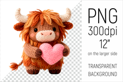 Knitted Valentine Highland Cow with Heart Clipart. Ideal for sublimation projects, Valentines Day gifts, mugs, stickers, nursery decor, and digital crafts.