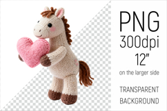 Knitted Valentine Horse with Heart Clipart. Ideal for sublimation projects, Valentines Day gifts, mugs, T-shirts, cards, stickers, scrapbooking, nursery decor, planners, and digital crafts.