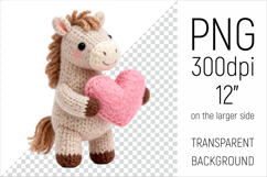 Knitted Valentine Horse with Heart Clipart. Ideal for sublimation projects, Valentines Day gifts, mugs, T-shirts, cards, stickers, scrapbooking, nursery decor, planners, and digital crafts.