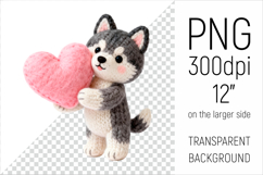 Knitted Valentine Husky Dog with Heart Clipart. Ideal for sublimation projects, Valentines Day gifts, mugs, T-shirts, cards, stickers, scrapbooking, nursery decor, planners, and digital crafts.