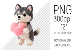 Knitted Valentine Husky Dog with Heart Clipart. Ideal for sublimation projects, Valentines Day gifts, mugs, T-shirts, cards, stickers, scrapbooking, nursery decor, planners, and digital crafts.