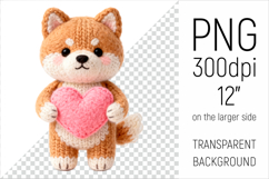 Knitted Valentine Japanese Akita Dog with Heart Clipart. Ideal for sublimation projects, Valentines Day gifts, mugs, T-shirts, cards, stickers, scrapbooking, nursery decor, planners, and digital crafts.