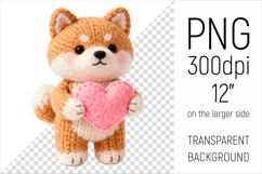 Knitted Valentine Japanese Akita Dog with Heart Clipart. Ideal for sublimation projects, Valentines Day gifts, mugs, T-shirts, cards, stickers, scrapbooking, nursery decor, planners, and digital crafts.