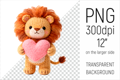 Knitted Valentine Lion with Heart Clipart. Ideal for sublimation projects, Valentines Day gifts, mugs, T-shirts, cards, stickers, scrapbooking, nursery decor, planners, and digital crafts.