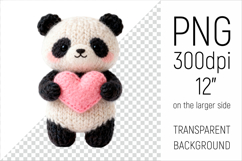 Knitted Valentine Panda Bear with Heart Clipart. Ideal for sublimation projects, Valentines Day gifts,  cards, stickers, nursery decor, and digital crafts.