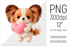 Knitted Valentine Papillon Dog with Heart Clipart. Ideal for sublimation projects, Valentines Day gifts, mugs, T-shirts, cards, stickers, scrapbooking, nursery decor, planners, and digital crafts.
