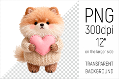 Knitted Valentine Pomeranian Dog with Heart Clipart. Ideal for sublimation projects, Valentines Day gifts, mugs, T-shirts, cards, stickers, scrapbooking, nursery decor, planners, and digital crafts.