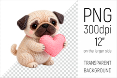 Knitted Valentine Pug Dog with Heart Clipart. Ideal for sublimation projects, Valentines Day gifts, mugs, T-shirts, cards, stickers, scrapbooking, nursery decor, planners, and digital crafts.