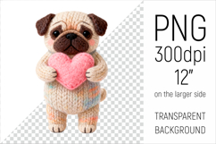 Knitted Valentine Pug Dog with Heart Clipart. Ideal for sublimation projects, Valentines Day gifts, mugs, T-shirts, cards, stickers, scrapbooking, nursery decor, planners, and digital crafts.
