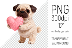 Knitted Valentine Pug Dog with Heart Clipart. Ideal for sublimation projects, Valentines Day gifts, mugs, T-shirts, cards, stickers, scrapbooking, nursery decor, planners, and digital crafts.