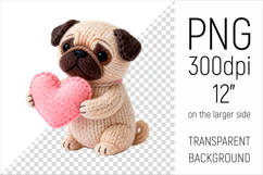 Knitted Valentine Pug Dog with Heart Clipart. Ideal for sublimation projects, Valentines Day gifts, mugs, T-shirts, cards, stickers, scrapbooking, nursery decor, planners, and digital crafts.