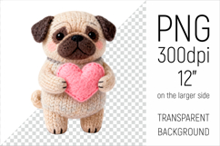 Knitted Valentine Pug Dog with Heart Clipart. Ideal for sublimation projects, Valentines Day gifts, mugs, T-shirts, cards, stickers, scrapbooking, nursery decor, planners, and digital crafts.