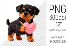 Knitted Valentine Rottweiler with Heart Clipart. Ideal for sublimation projects, Valentines Day gifts, mugs, T-shirts, cards, stickers, scrapbooking, nursery decor, planners, and digital crafts.