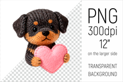 Knitted Valentine Rottweiler with Heart Clipart. Ideal for sublimation projects, Valentines Day gifts, mugs, T-shirts, cards, stickers, scrapbooking, nursery decor, planners, and digital crafts.