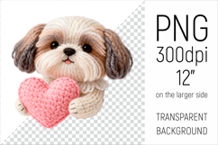 Knitted Valentine Shih tzu Dog with Heart Clipart. Ideal for sublimation projects, Valentines Day gifts, mugs, T-shirts, cards, stickers, scrapbooking, nursery decor, planners, and digital crafts.